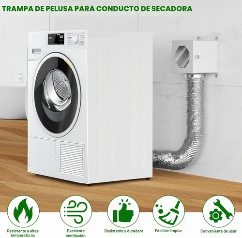 Vista 5 de Trampa de pelusa para conductos de secadora de metal, kit de ventilación de secadora interior con codo de 90 grados, manguera de conducto de 4 Blanco