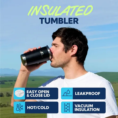 Vista 2 de SUN NINJA Vaso de acero inoxidable de 20 onzas, taza aislada al vacío de doble pared con tapa fácil de abrir, jarra de café de 20 onzas de grado