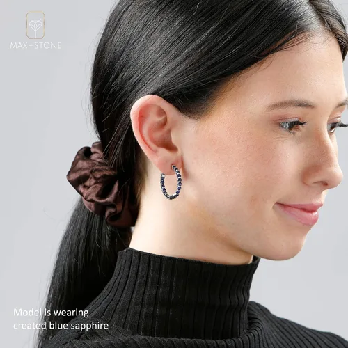 Vista 6 de MAX + STONE - Aretes de aro con piedras preciosas para mujer en plata de ley 925 de 1 pulgada de diámetro y piedra natal de 0.118in con poste