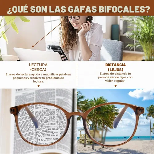 Vista 2 de Gafas de lectura bifocales para mujer, lentes TR90 redondos transparentes con bloqueo de luz azul para computadora con bisagra de resorte Café
