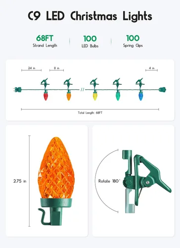 Vista 6 de Luces LED C9 de Navidad para Exteriores, 68 Pies, 100 Luces LED de Cadena con Clips Rápidos, Grado Comercial Extensibles Impermeables Luces