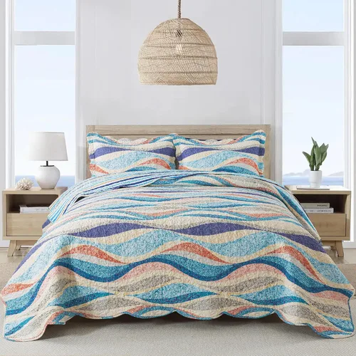 Vista 20 de NEWLAKE - Juego de cubrecama reversible de microfibra bordada con patrón floral en relieve en jacquard beige, tamaño queen