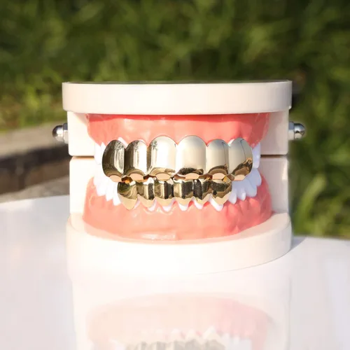 Vista 2 de TSANLY Gold Grillz 6 Teeth Mouth 24K Plated Gold Top & Bottom Grills Caps Set for Son + Extra Molding Bars + Microfiber Cloth