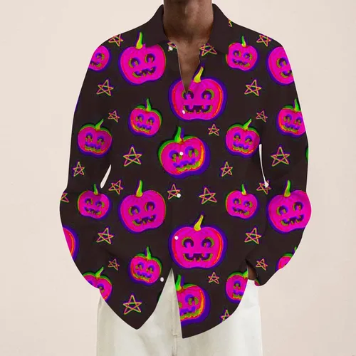 Vista 2 de Camisa de Halloween para hombre, diseño de calabazas divertidas, manga larga, con botones, hawaiana, para otoño, invierno, disfraz de Halloween