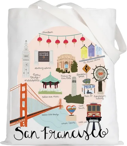 Vista 8 de LEVLO San Francisco Trip Tote Bag - Golden Souvenir Bolsa de comestibles reutilizable