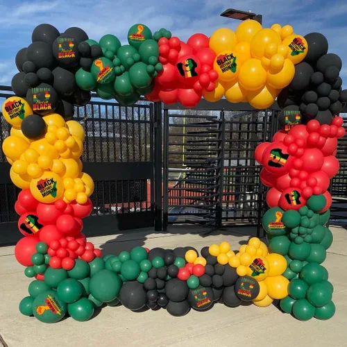 Vista 4 de Juego de guirnalda de globos para decoración de fiesta del mes de la historia negra, 157 unidades, globos de látex negros, rojos, verdes, amarillos