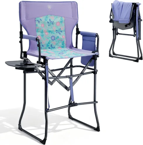 Vista 12 de EVER ADVANCED Silla alta de textileno para campamento, silla de directores de malla, taburete de bar plegable alto con mesa auxiliar