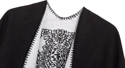 Vista 3 de Chal estilo poncho con frente abierto con patrón vintage, capa para mujer