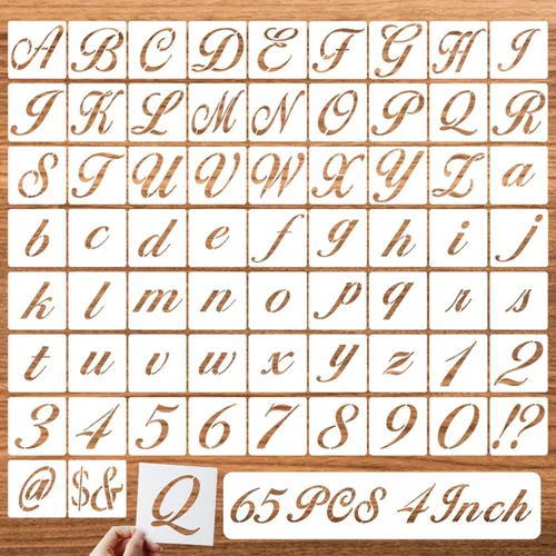 Vista 13 de Plantillas de símbolos de 1 pulgada para pintar sobre madera, 65 plantillas de dibujo del alfabeto con letras mayúsculas caligráficas y cursivas