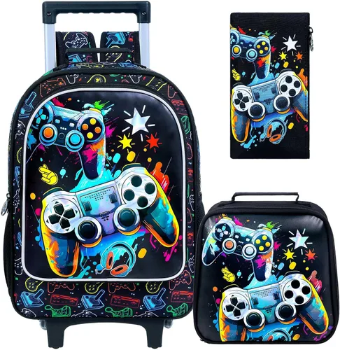 Vista 9 de Mochila rodante para niñas y niños, juego de 3 piezas con ruedas de diseño de unicornio o dinosaurio Dinosaurio astronauta.