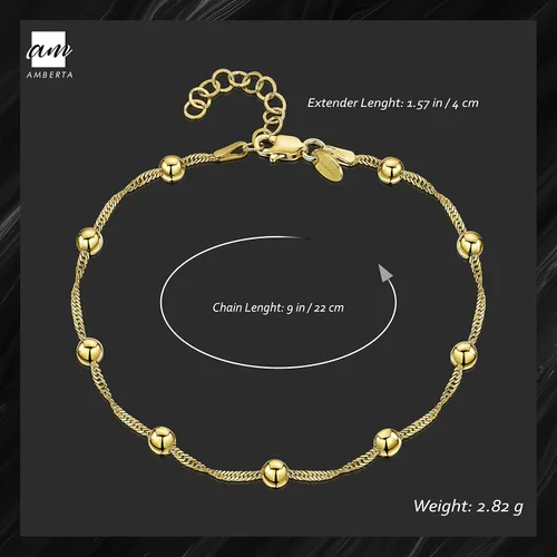 Vista 2 de Amberta 18K Gold Plated on 925 Sterling Silver Adjustable Anklet - Classic Chain Ankle Bracelets - 9 to 10 inch - Flexible Fit