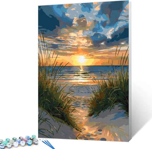 Vista 15 de Tucocoo Pintura enmarcada de árbol en forma de corazón por números para adultos principiantes, campo de rosas rojas al atardecer, kit de pintura