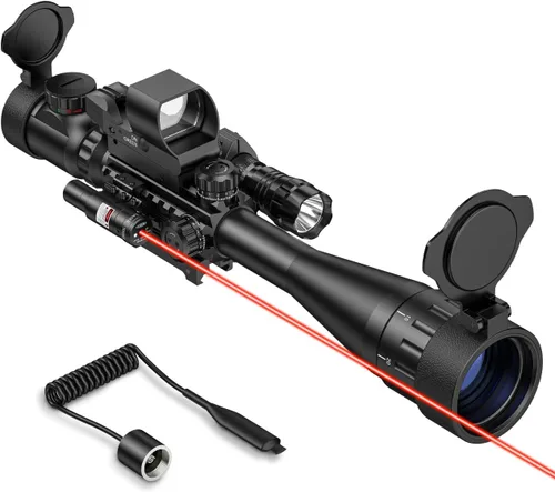Vista 9 de MidTen Combo de alcance de rifle AO de 6-24x50, óptica de alcance doble iluminado con vista holográfica de punto rojo y verde, mira láser IIIA/2MW