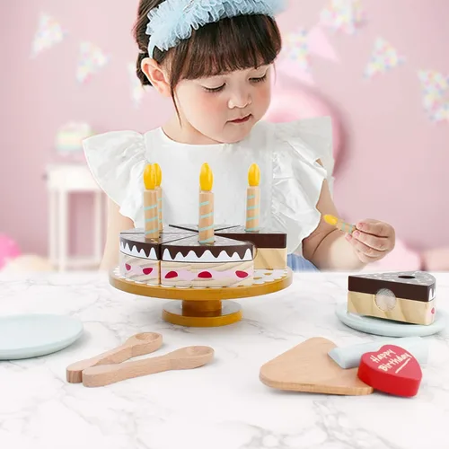 Vista 4 de PairPear Juego de pastel de fiesta de cumpleaños para niños, juguetes de madera para jugar comida Play Cutting Food Fake Cake Toddler Girl Gifts