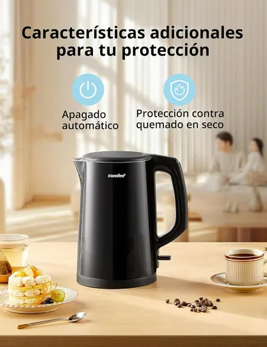 Vista 6 de Hervidor eléctrico y tetera de COMFEE', 1.5L de doble pared, interior de acero inoxidable, tapa y pico, hervido rápido, apagado automático y Negro