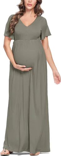 Vista 4 de Peauty Vestidos de maternidad de otoño para mujer, vestido de sesión de fotos de maternidad con botón decorativo, vestido de baby shower