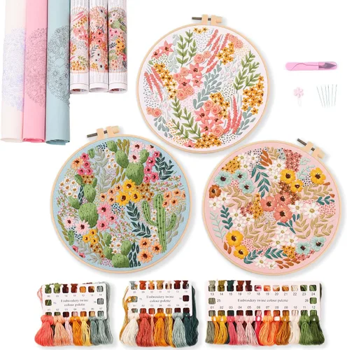Vista 12 de REEWISLY Kit de bordado navideño para adultos principiantes, 4 belenes con 2 aros, kits de punto de cruz contado con hilo dental y agujas, kit