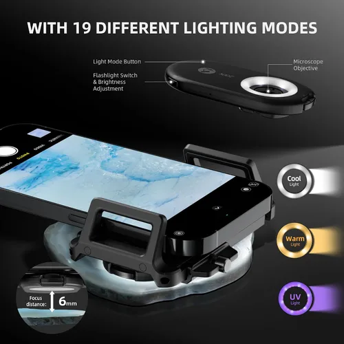 Vista 4 de Microscopio para teléfono Spider Farmer, microscopio portátil de 200 aumentos con luz LED UV, lente CPL para iPhone y teléfono Android, lente