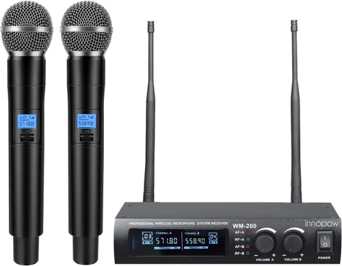 Vista 7 de Sistema de micrófono inalámbrico, juego de micrófono inalámbrico de metal UHF dual, larga distancia de 150 a 200 pies, 16 horas continuas