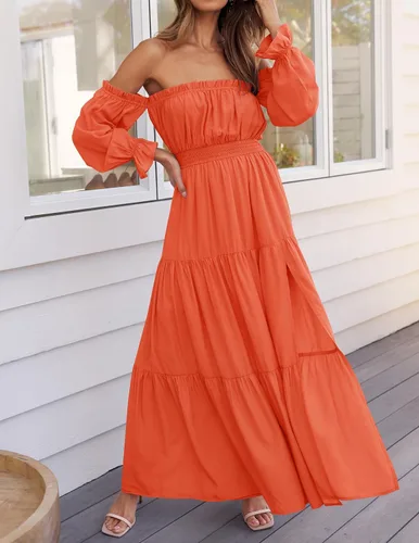 Vista 20 de ZESICA - Vestido largo, bohemio y sexy, con hombros descubiertos y manga larga fruncida, con elástico fruncido, cintura alta y abertura lateral