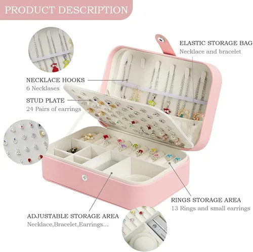 Vista 3 de XMJXBOX Caja organizadora de joyas de 3 capas de piel sintética para mujeres, niñas, estuche de almacenamiento impermeable para collares, anillos