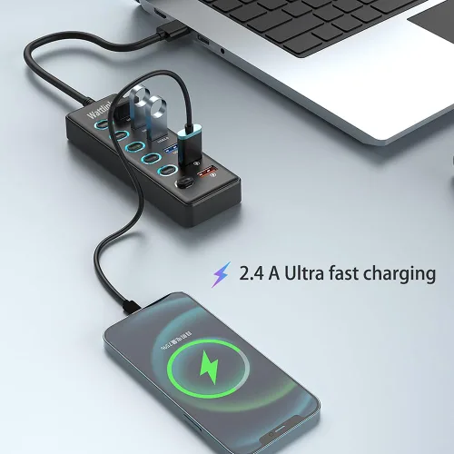 Vista 7 de Hub USB 3.0 alimentado, divisor de concentrador de 6 puertos con adaptador de corriente, 4 puertos de datos + 2 puertos de carga rápida QC 3.0
