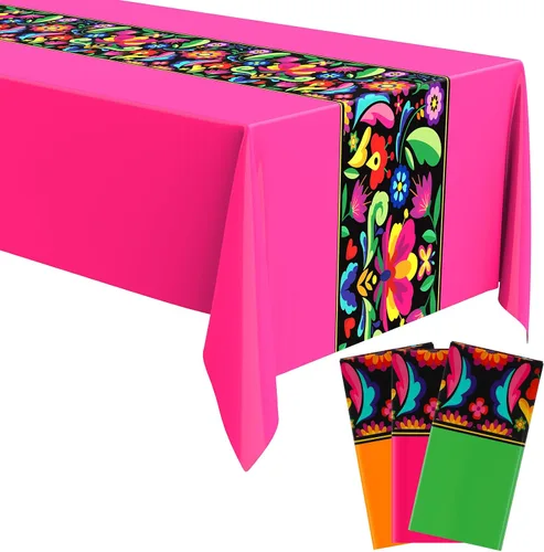 Vista 8 de Oudain 3 piezas de mantel de fiesta de 108 x 54 pulgadas, mantel de plástico mexicano impermeable, mantel desechable para noche de tacos, fiesta