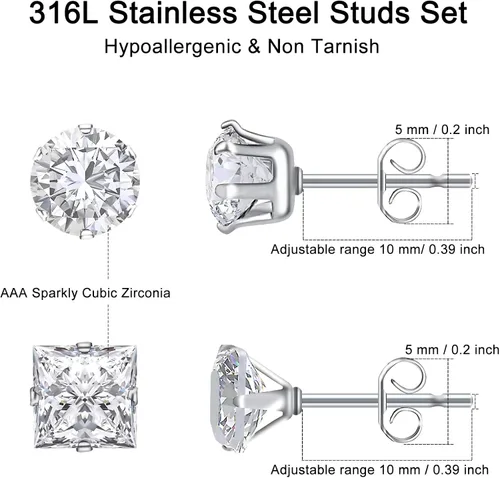 Vista 8 de Stud Earrings Set LUCKYPADS 12 Pairs Stud Earrings for Women Hypoallergenic Stainless Steel Stud Earrings Pack Men Earrings Stud with Cubic Zirconia