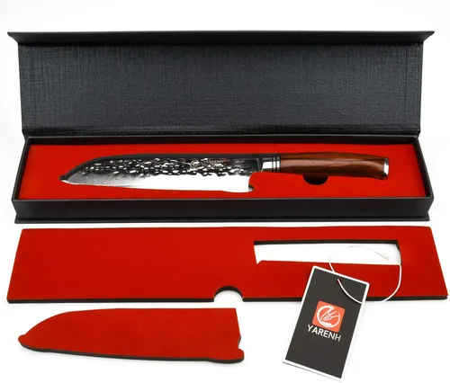 Vista 2 de YARENH Santoku - Cuchillo de chef de cocina afilado de 73 capas, acero de damasco, resistente a la corrosión, mango de sándalo