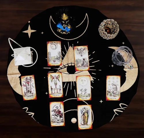 Vista 3 de Indian Consigners Tela de altar Prisma Luna Ojo Gato Celestical Tarot Deck Alter Square Wall Hanging Mantel Mantel Tapiz Lugar Sagrado Ojo de prisma