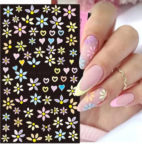 Vista 4 de Calcomanías de arte de uñas de flores, holográficas 5D en relieve de flores en relieve de corazón, calcomanías autoadhesivas para uñas, decoración