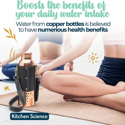 Vista 6 de Kitchen Science - Botella de agua de cobre puro con correa de cuero negro, 34 onzas, a prueba de fugas, botella duradera