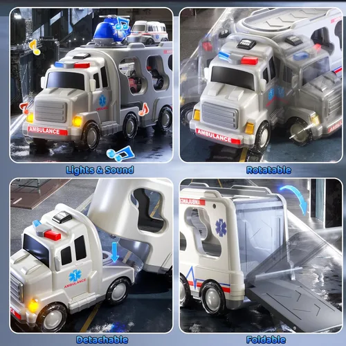 Vista 2 de Juego de Juguetes de Ambulancia para Niños Pequeños de 1-3 y 3-5 años, Juego de Camión Transportador con Coches de Juguete, Luz y Sonido, Juguetes