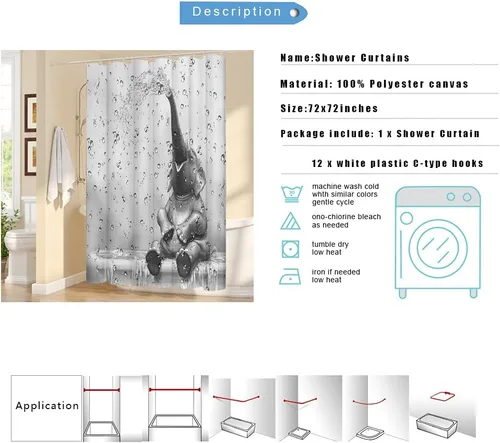 Vista 6 de Cortina de ducha de elefante africano, divertida cortina de baño con diseño de elefante, lindo animal salvaje sobre fondo de gota de lluvia, juego