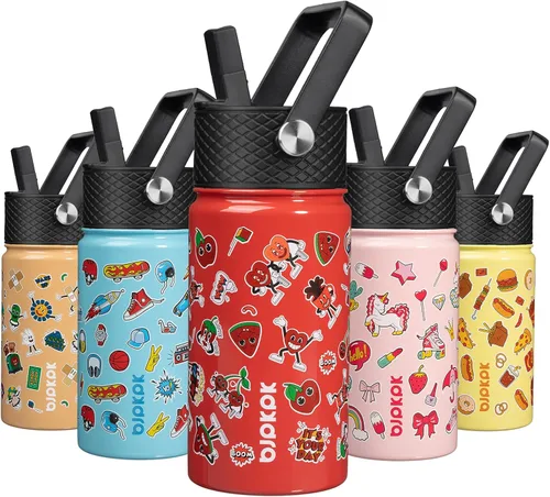 Vista 91 de BJPKPK Botella de agua con tapa con pajilla, botella de agua aislada de 15 onzas, botellas de agua de metal de acero inoxidable, termo reutilizable