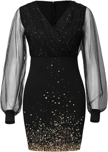 Vista 5 de ZEFOTIM Vestidos sexys para mujer 2023 de manga larga, casual, cuello en V, transparente, mini vestido de lentejuelas