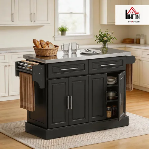 Vista 2 de HomCom Isla para cocina. Gabinete moderno con ruedas, con parte superior de acero inoxidable., Negro Mesa de isla portátil para cocina, ruedas