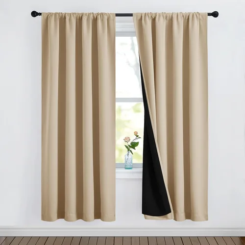 Vista 46 de NICETOWN Biscotti Beige 100% Cortinas opacas de 45" de largo para cocina, bolsillo con varilla para sótano completamente opaco, cortinas térmicas