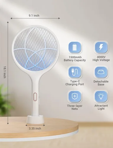 Vista 10 de YISSVIC Matamoscas eléctrico de 4000 V, raqueta matamoscas de insectos de doble modo con luz de mosquitos morada recargable para interiores, hogar