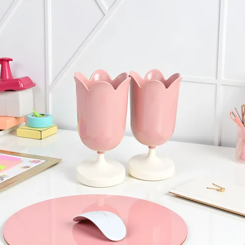 Vista 6 de 2 soportes de plástico rosa para bolígrafos de tulipán, bonitos vasos para escritorio, organizador de pinceles, suministros de papelería de oficina