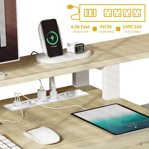 Vista 4 de DWVO Escritorio en forma de L con cajones, escritorio para computadora de 65 pulgadas con tomas de corriente y luces LED, escritorio de esquina