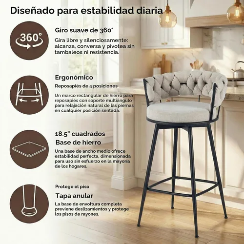 Vista 6 de Juego de 2 taburetes de bar tapizados para encimera de cocina, color beige