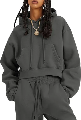 Vista 16 de COZYPOIN Conjunto de 2 piezas de forro polar para mujer, sudadera corta y pantalones con capucha Beige