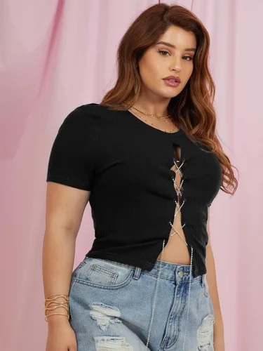 Vista 4 de Floerns Camisetas de manga corta con cordones frontales y diamantes de imitación para mujer de talla grande