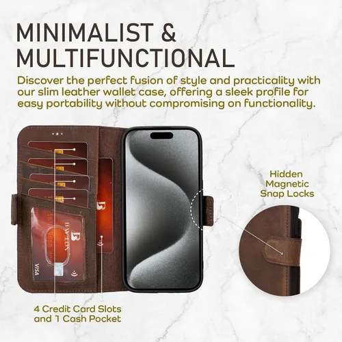 Vista 3 de Bayelon Cartera de cuero Cas para iPhone 15 Pro - Funda con tapa abatible, funda tipo cartera para iPhone 15 Pro, funda tipo cartera, función atril