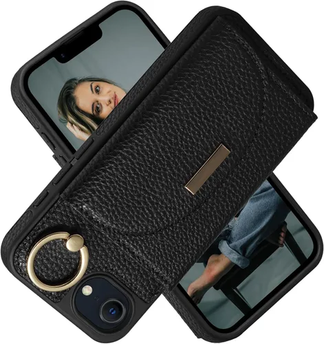Vista 45 de Funda tipo cartera de Keallce para iPhone 14 Pro de 6.1 pulg., funda con tapa y ranuras para tarjetas, soporte con anillo, funda protectora de piel