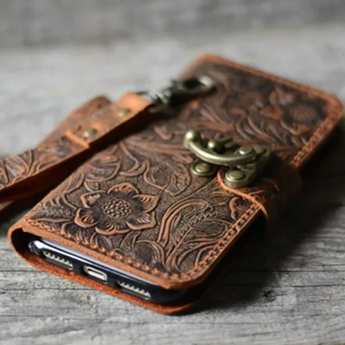 Vista 6 de Funda de billetera de cuero genuino hecha a mano para iPhone 17 Pro Max 17 Air 16 Funda para iPhone 15 Plus 15 Pro 14 16e Funda con correa de muñeca