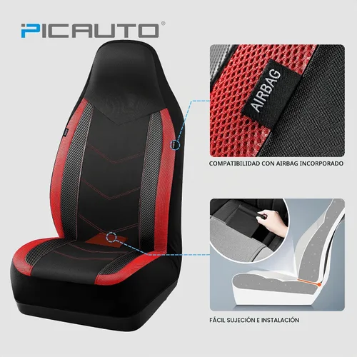 Vista 3 de Pic Auto Fundas de asiento de automóvil de respaldo alto,cuero sintético, compatible con bolsa de aire, ajuste universal, Rojo Espalda alta roja
