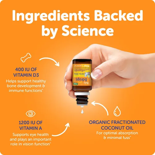 Vista 5 de Ddrops® Vitaminas líquidas orgánicas para bebés A&D gotas para bebés, 60 gotas. Apoya la salud ocular de los bebés, el desarrollo óseo y la función