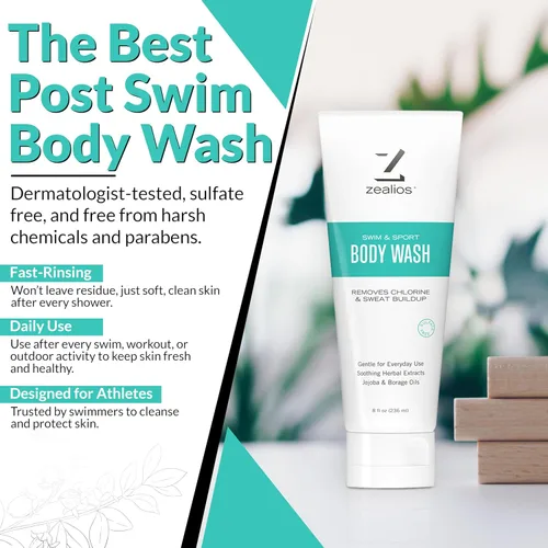 Vista 4 de Zealios Swim & Sport Gel de baño para nadadores y atletas de 8 onzas, solución para el cuidado de la piel para hombres y mujeres, elimina el cloro